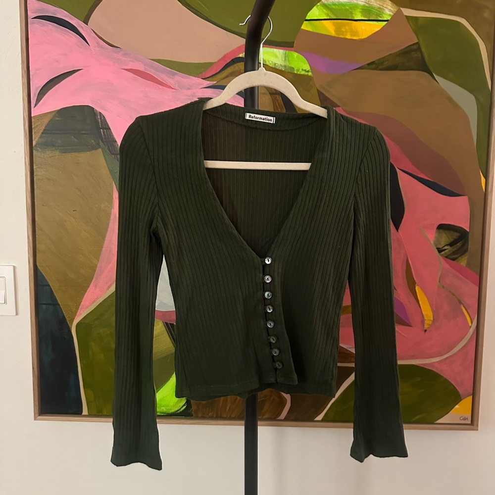 Reformation V-Neck Button-Up Top in Olive Green
